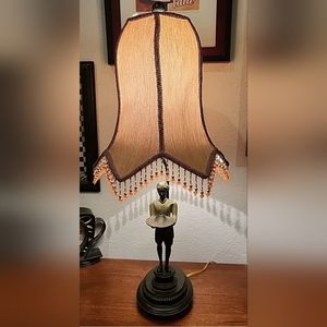 RARE Berman Signed Lamp Bronze Servant Butler Figure HTF VTG Beaded Tulip Shade